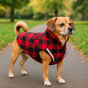 RC Pets Buffalo Plaid Medium Dog Jacket Reflective Trim Red Black Cozy Coat